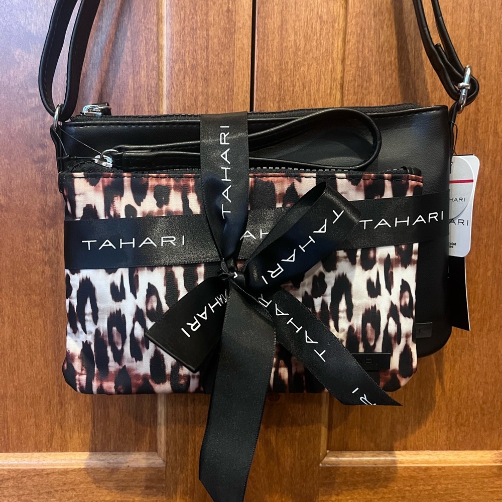 NWT Tahari Downtownβ Black Crossbody Bag & Leopard Wallet Set
